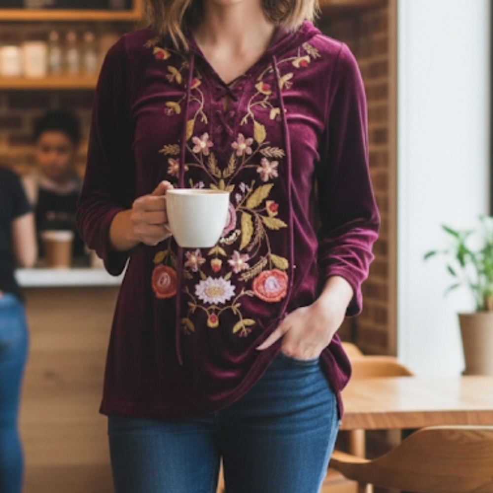Entro Rich Plum Velvet Embroidered Lace Up Hoodie Blouse